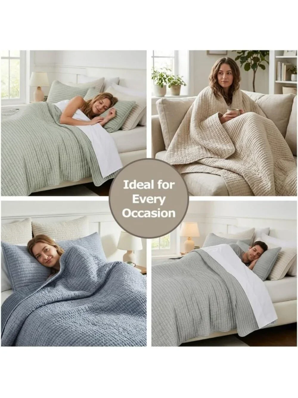 Beige Pick Stitch Queen Quilt Set - Lightweight Striped Summer Bedspread, Rustic